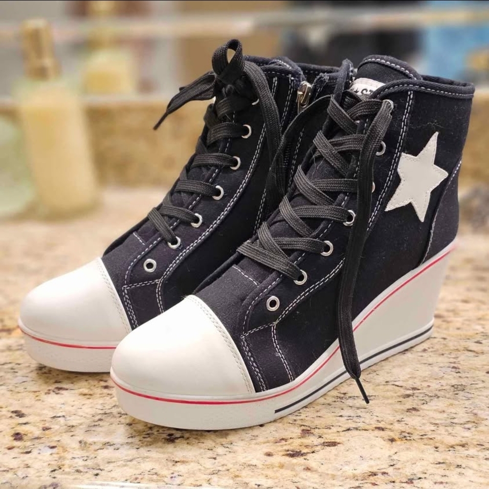 Size 8 Black and White High-Top Wedge Sneakers